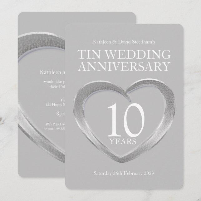 Tin 10th wedding anniversary heart party invites (Front/Back)