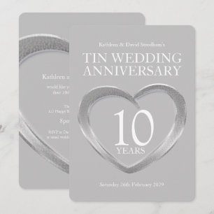 Tin 10th wedding anniversary heart party invites
