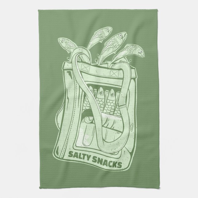 Tin of sardines salty snack tea towel (Vertical)