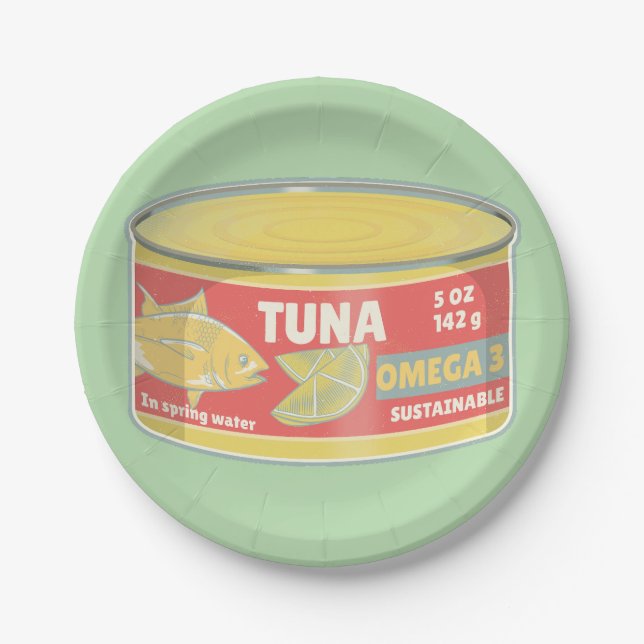 Tin of tuna canned fish retro paper plate (Front)