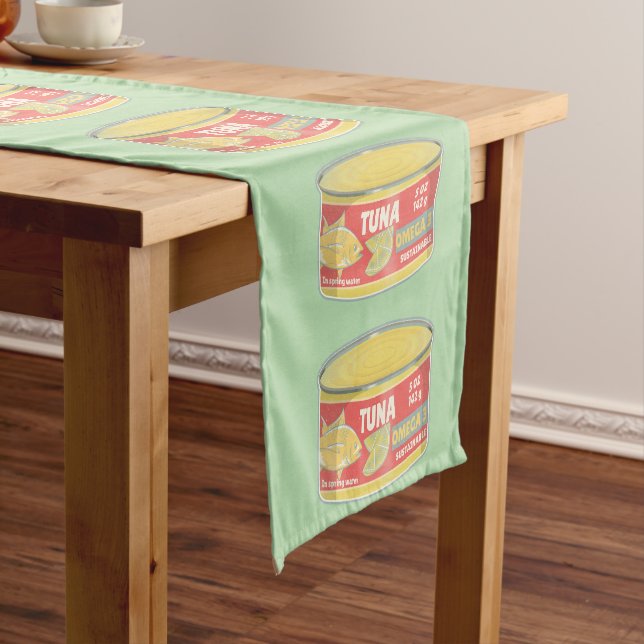 Tin of tuna canned fish retro short table runner (In Situ)
