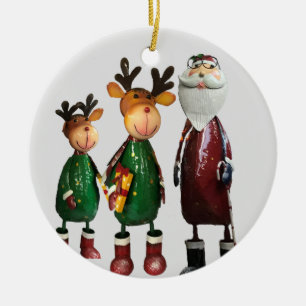 Tin Santa and Cute Tin Reindeers with Gifts Ceramic Tree Decoration