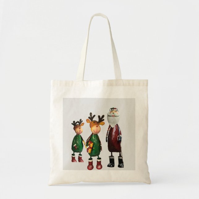 Tin Santa, and Two Cute Tin Reindeer with gifts Tote Bag (Front)