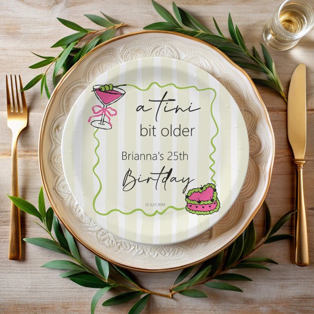 Tini bit older handrawn retro birthday custom paper plate (Tini bit older handrawn retro birthday monogrammed paper plates personalized martini party decor)