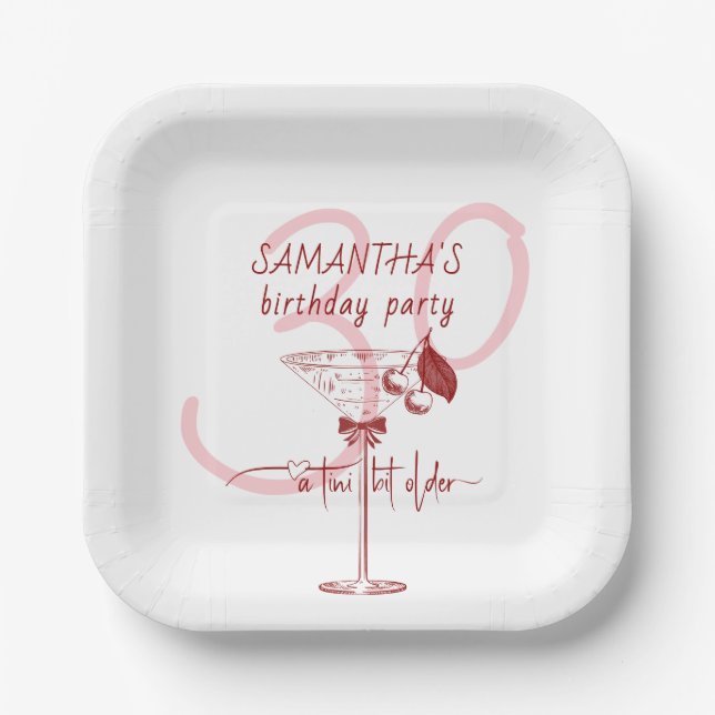 Tini Bit Older Modern Bow Cherry Martini Birthday Paper Plate (Front)
