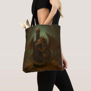 Tini dragon hugging a wine bottle fantasy art tote bag