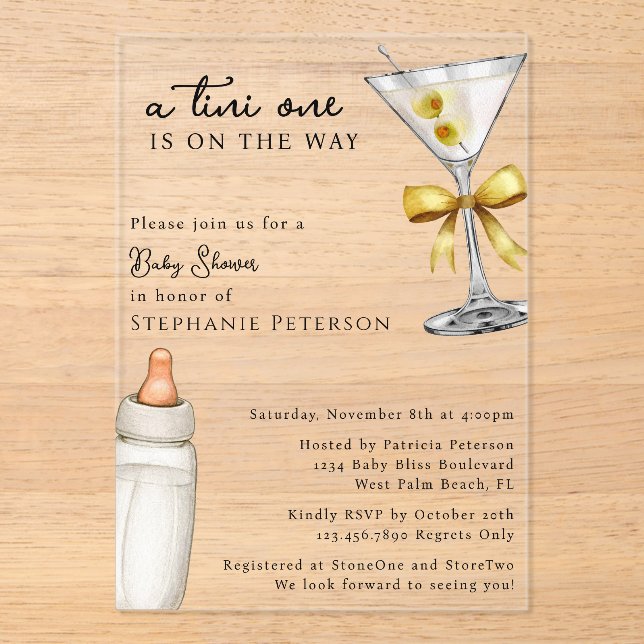 Tini One Is On The Way Yellow Martini Baby Shower Acrylic Invitations (Front)