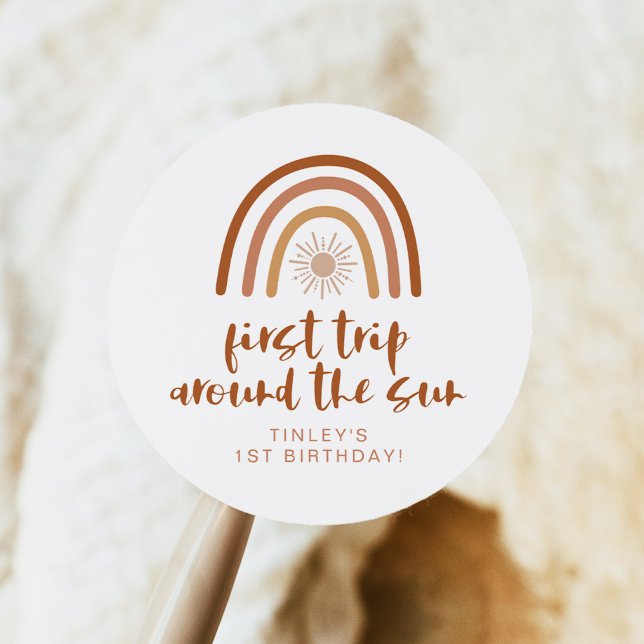 TINLEY Boho Terracotta Rainbow Sun First Birthday Classic Round Sticker (Creator Uploaded)