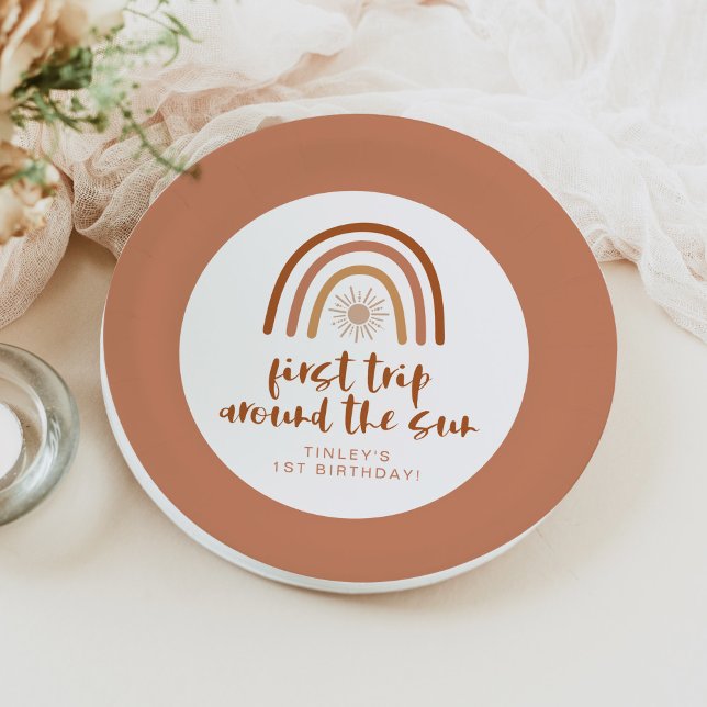 TINLEY Boho Terracotta Rainbow Sun First Birthday Paper Plate (Creator Uploaded)
