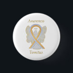 Tinnitus Gold/Silver Awareness Ribbon Angel Pin<br><div class="desc">Tinnitus awareness cause uses a gold and silver ribbon. The awareness ribbon pin features the painting of a gold and silver awareness ribbon angel on a custom button pendant. The awareness angel pendant notes " Tinnitus Awareness". The gold and silver awareness angel ribbon art lapel pins or buttons can be...</div>