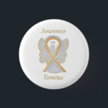 Tinnitus Gold/Silver Awareness Ribbon Angel Pin<br><div class="desc">Tinnitus awareness cause uses a gold and silver ribbon. The awareness ribbon pin features the painting of a gold and silver awareness ribbon angel on a custom button pendant. The awareness angel pendant notes " Tinnitus Awareness". The gold and silver awareness angel ribbon art lapel pins or buttons can be...</div>
