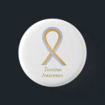 Tinnitus Gold/Silver Awareness Ribbon Custom Pin<br><div class="desc">Tinnitus awareness cause uses a gold and silver ribbon. The awareness ribbon pin features the painting of a gold and silver awareness ribbon on a custom button pendant. The awareness pendant notes " Tinnitus Awareness". The gold and silver awareness ribbon art lapel pins or buttons can be customised with personalised...</div>