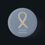 Tinnitus Gold/Silver Awareness Ribbon Custom Pin<br><div class="desc">Tinnitus awareness cause uses a gold and silver ribbon. The awareness ribbon pin features the painting of a gold and silver awareness ribbon on a custom button pendant. The awareness pendant notes " Tinnitus Awareness". The gold and silver awareness ribbon art lapel pins or buttons can be customised with personalised...</div>
