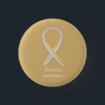 Tinnitus Gold/Silver Awareness Ribbon Custom Pin<br><div class="desc">Tinnitus awareness cause uses a gold and silver ribbon. The awareness ribbon pin features the painting of a gold and silver awareness ribbon on a custom button pendant. The awareness pendant notes " Tinnitus Awareness". The gold and silver awareness ribbon art lapel pins or buttons can be customised with personalised...</div>