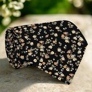 Tinny Flowers & Leaves On Black Background Wedding Tie