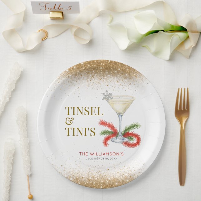 Tinsel and Tinis Christmas Holiday Party Paper Plate (Wedding)