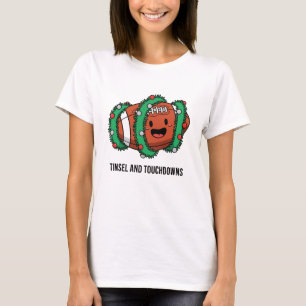 Tinsel and Touchdowns Cute Christmas Football Art T-Shirt