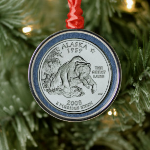 Tinted Alaska State Quarter Design Metal Tree Decoration