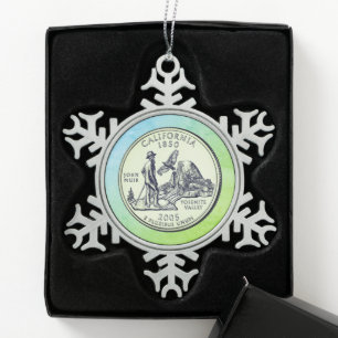 Tinted California State Quarter   Snowflake Pewter Christmas Ornament