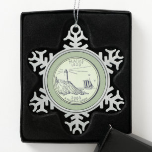 Tinted Maine State Quarter  Snowflake Pewter Christmas Ornament