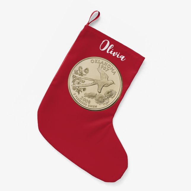 Tinted Oklahoma State Quarter Personalised Small Christmas Stocking (Front (Hanging))