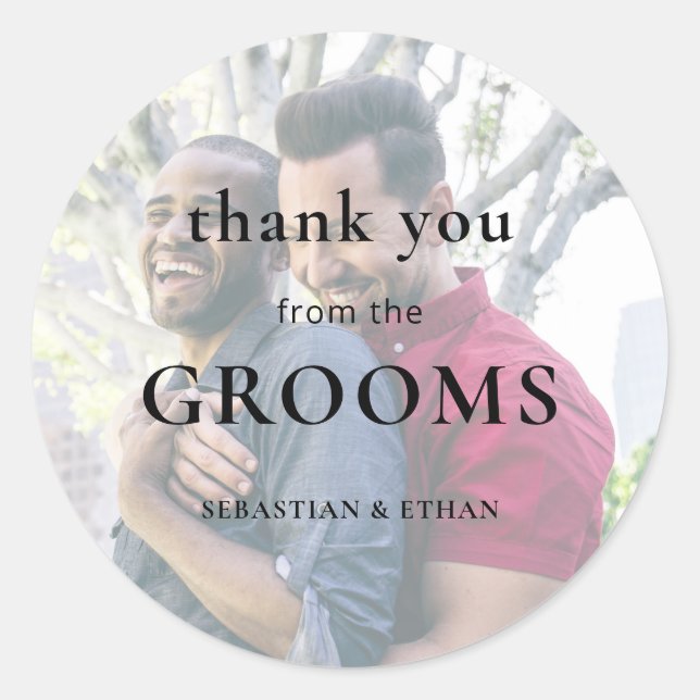 Tinted Photo Thank You from Grooms Gay Wedding  Classic Round Sticker (Front)