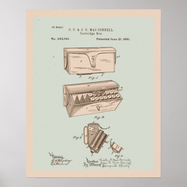 Tinted Vintage Ammo Cartridge Box Patent Poster (Front)