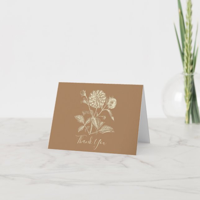 Tinted Vintage Zinnia Illustration Brown  Thank You Card (Front)