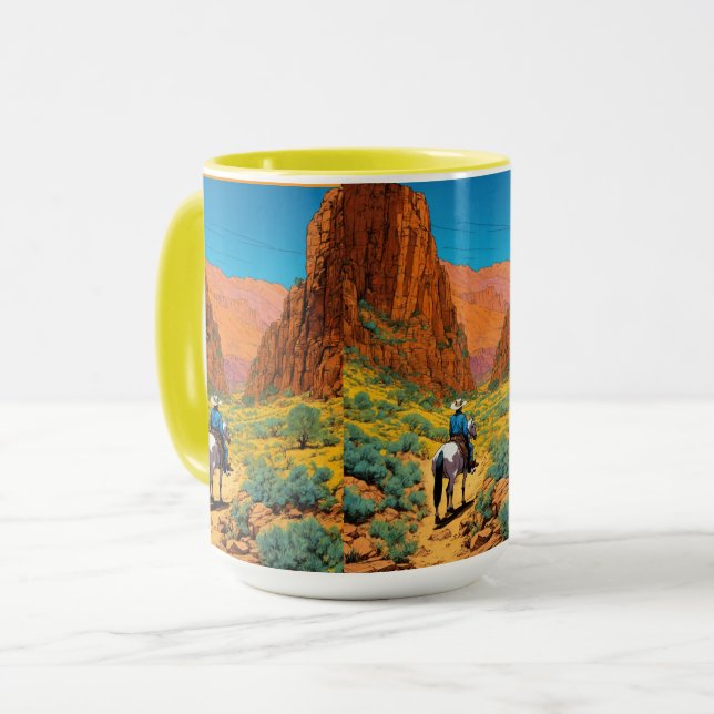 Tintin-Style Cowboy | Vibrant Canyon Scene Mug (Front Left)