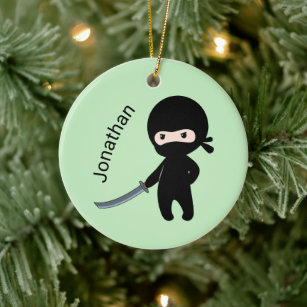 Tiny Angry Ninja, Custom Name on Green Ceramic Tree Decoration