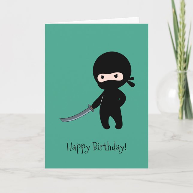 Tiny Angry Ninja on Dark Green Birthday Card (Front)