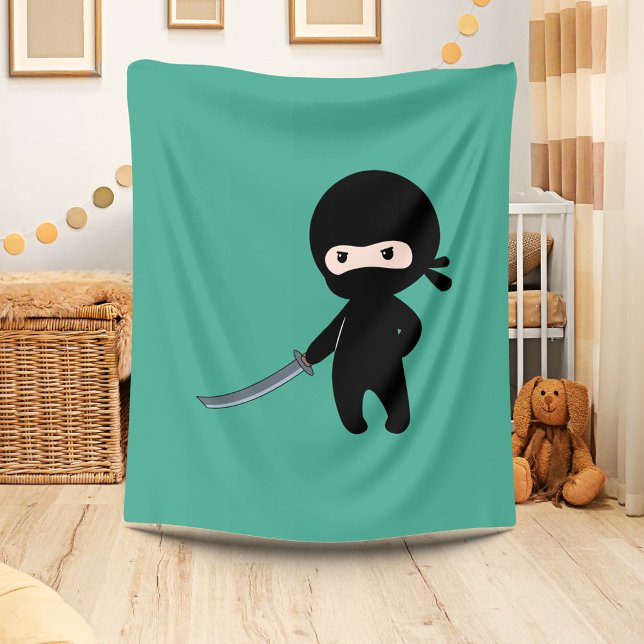 Tiny Angry Ninja on Dark Green Fleece Blanket (Creator Uploaded)