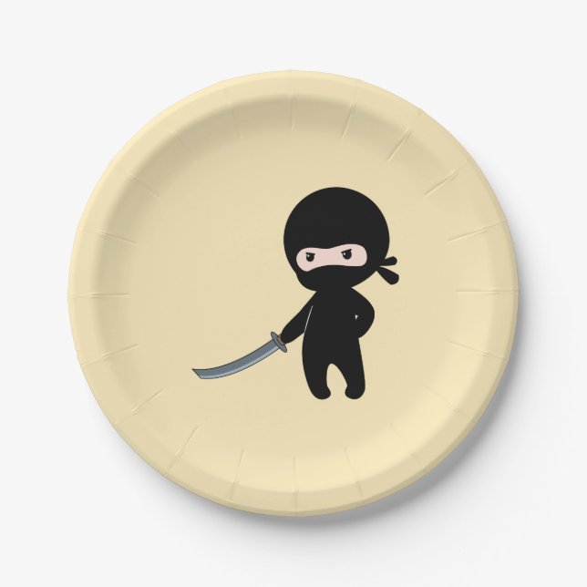 Tiny Angry Ninja on Yellow Paper Plate (Front)