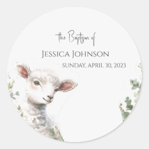 Tiny Baby Lamb and Eucalyptus baptism  Classic Round Sticker