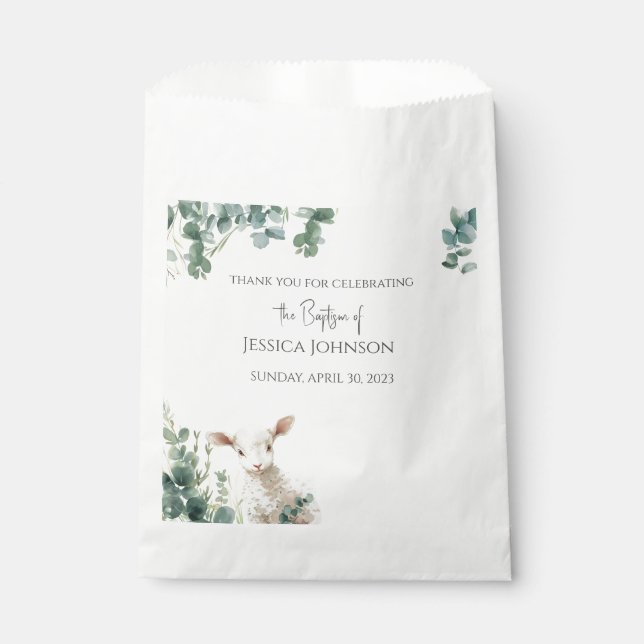Tiny Baby Lamb and Eucalyptus baptism  Favour Bags (Front)