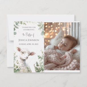 Tiny Baby Lamb and Eucalyptus baptism  Thank You Card