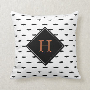 Tiny Bats Seamless Pattern   Black Orange Monogram Cushion