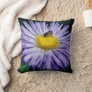 Tiny Bee On Purple Aster Flower  Cushion