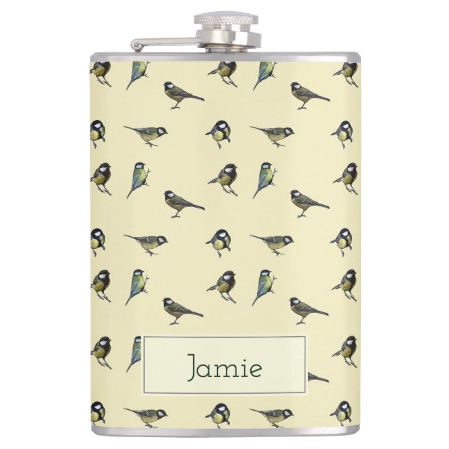 Tiny Birds Pattern on Beige Personalised Hip Flask (Front)