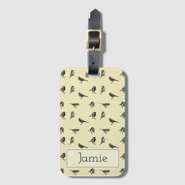 Tiny Birds Pattern on Beige Personalised Luggage Tag (Front Vertical)