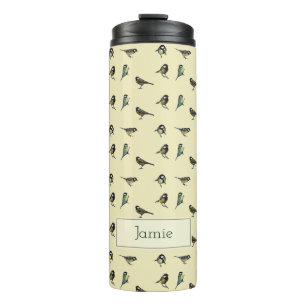 Tiny Birds Pattern on Beige Personalised Thermal Tumbler