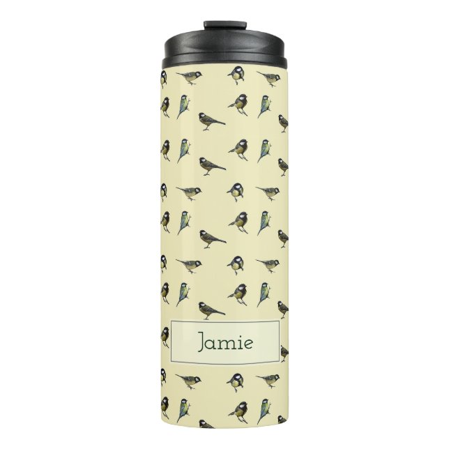 Tiny Birds Pattern on Beige Personalised Thermal Tumbler (Front)