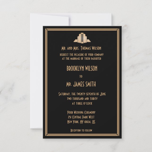 Tiny Black Art Deco Great Gatsby Wedding Invites (Front)