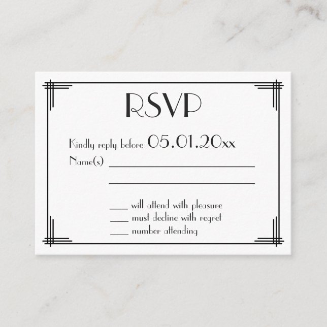 Tiny Black Gold Great Gatsby Art Deco Wedding RSVP Enclosure Card (Front)