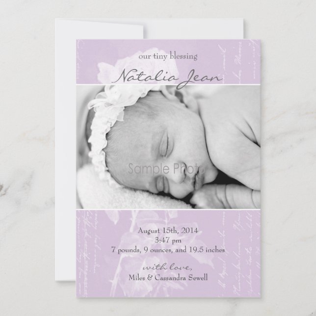 Tiny Blessing Birth Announcement//Lilac Announcement (Front)