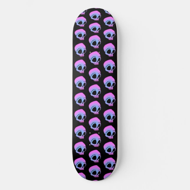 Tiny Blue Pink Cartoon Skulls on black Skateboard (Front)