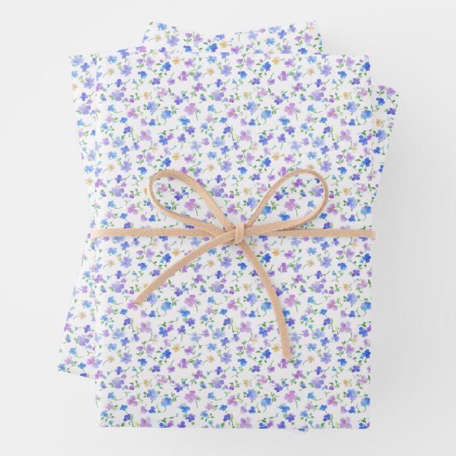Tiny Blue & Purple Flowers on White Wrapping Paper Sheet (In situ)