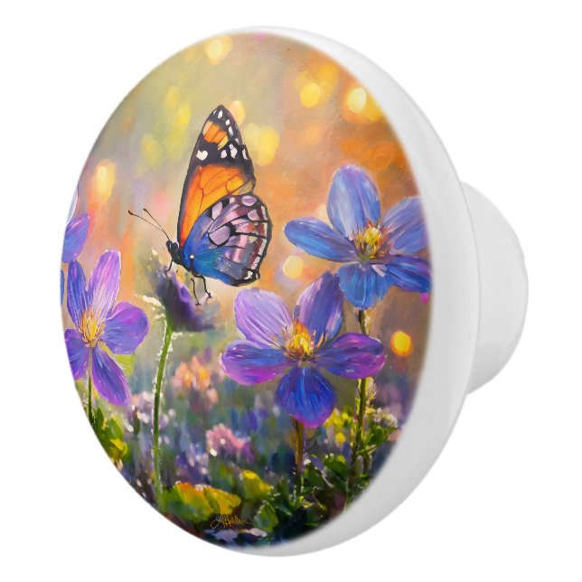 Tiny Butterfly On Wildflowers at Sunrise Ceramic Knob (Right)