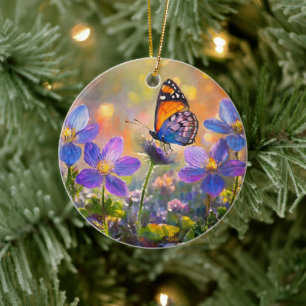 Tiny Butterfly On Wildflowers at Sunrise Ceramic Tree Decoration
