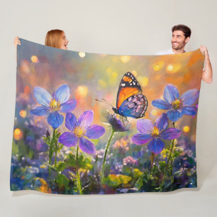 Tiny Butterfly On Wildflowers at Sunrise Fleece Blanket